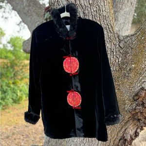 Vtg Silk Elegant Black Velvet and faux fur jacket with embroidered medallions.L